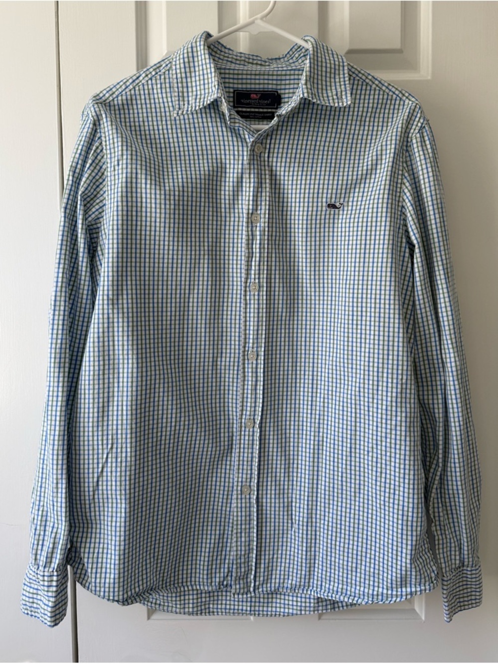 Vineyard Vines Boys Blue & Green Check button-down Whale Shirt size M EUC